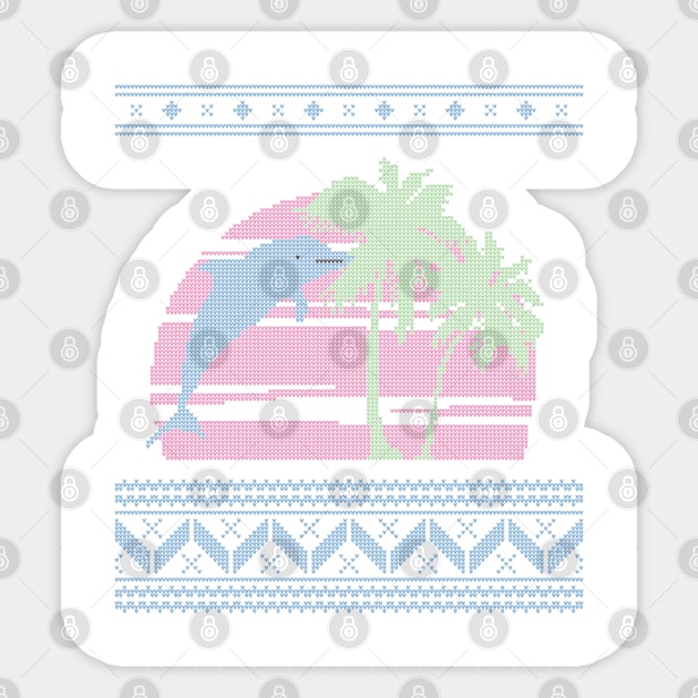 Light Blue, Pink and Light Green Pastel Palm Tree and Dolphin Ugly Christmas Sweater Design Sticker by YourGoods